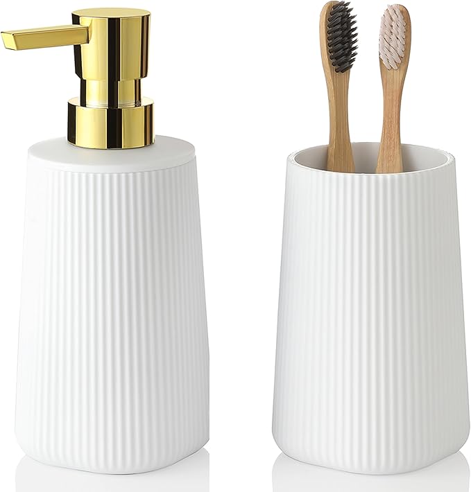 Bathroom Accessories 2 Piece Soap Dispenser and Toothbrush Holder Set Striped White and Gold