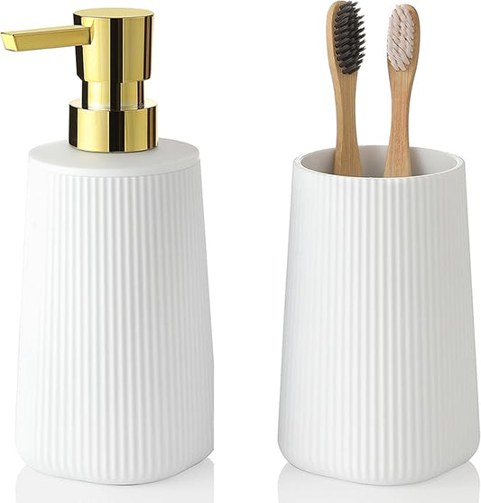 Bathroom Accessories 2 Piece Soap Dispenser and Toothbrush Holder Set Striped White and Gold