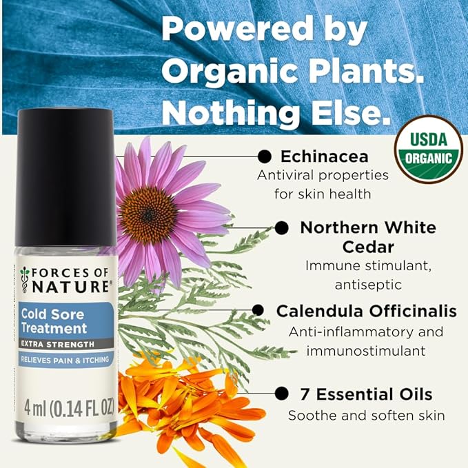 Forces of Nature Cold Sore Treatment Extra Strength H-Balm, Organic Fast Relief for Cold Sores & Fever Blisters w/Echinaea & Northern White Cedar, Calms Swelling (0.14 fl oz)