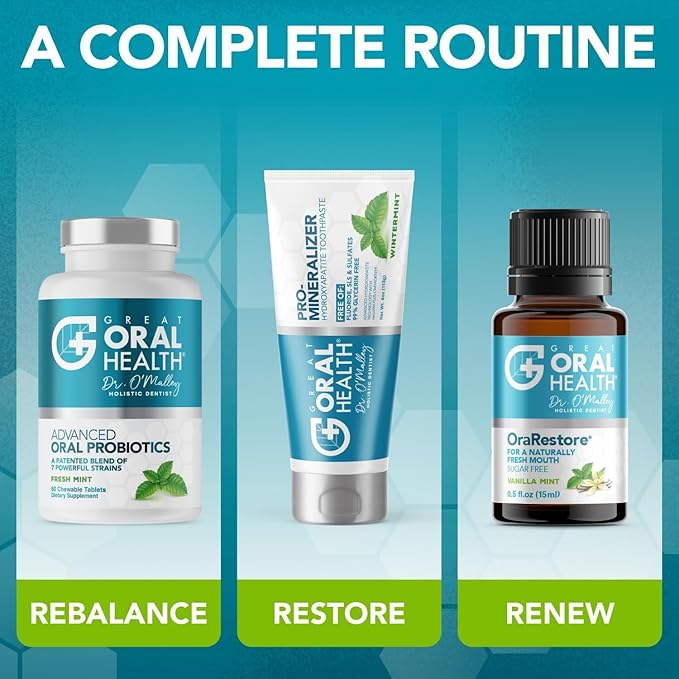 Great Oral Health Dentist Formulated Trio Bundle - Remineralizer Nano-Hydroxyapatite Wintermint Toothpaste - Mint Oral Probiotics for a Healthy microbiome- OraRestore Oral Health Essential Oil Blend
