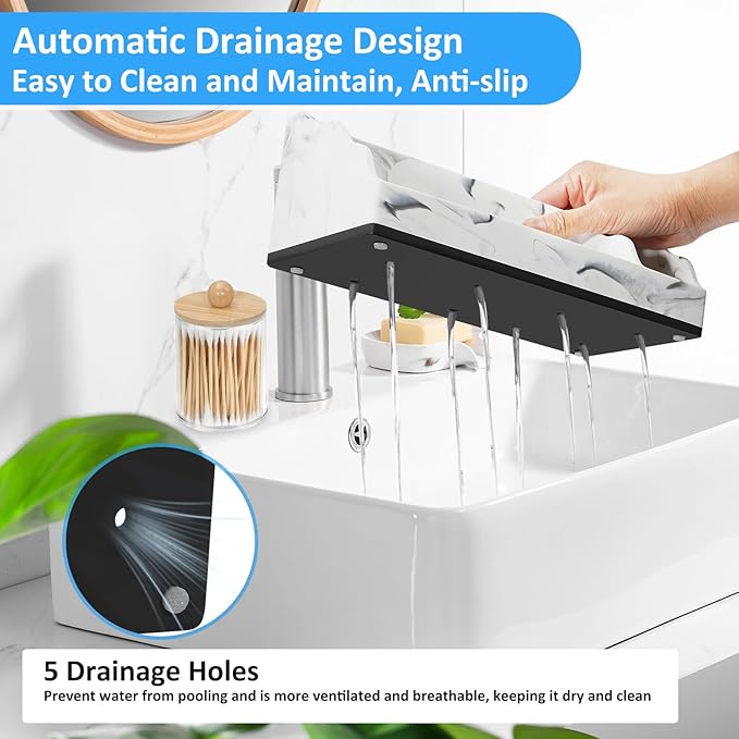 Marble Toothbrush Holder for Bathroom Organizer Countertop, Toothbrush Organizer with 3PCS Qtip Holder Dispenser, Toothbrush and Toothpaste Holder for Bathroom Counter Organization Storage Vanity