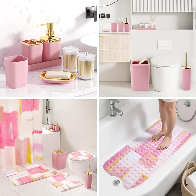 Bathroom Accessories Set - 26PCS Pink Bathroom Set, Bathroom Accessory Set with Shower Curtain and Rugs and Bathtub Mats for Home