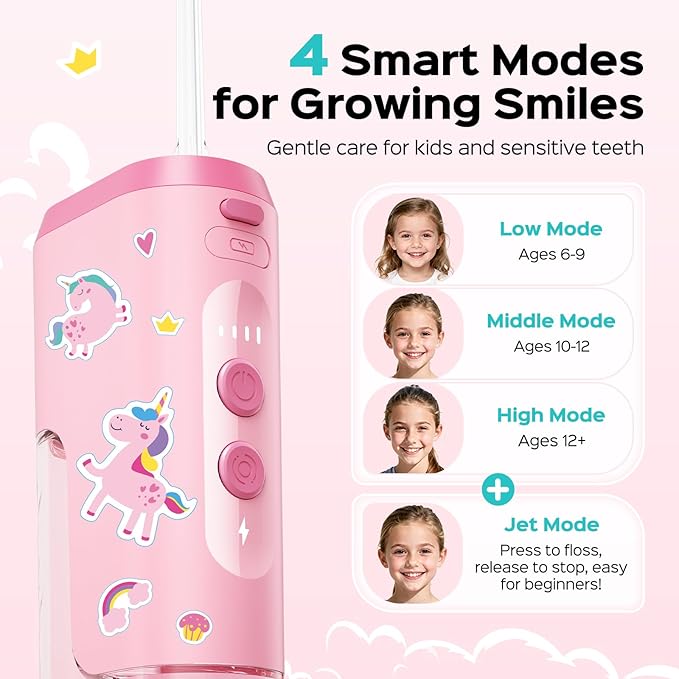 COSLUS Portable Water Flosser for Kids: 4 Gentle Modes for Ages 6+, Braces & Sensitive Teeth - with Fun DIY Stickers, 4 Storable Nozzles, Mini Compact for Home School & Travel Use, BPA-Free, Pink