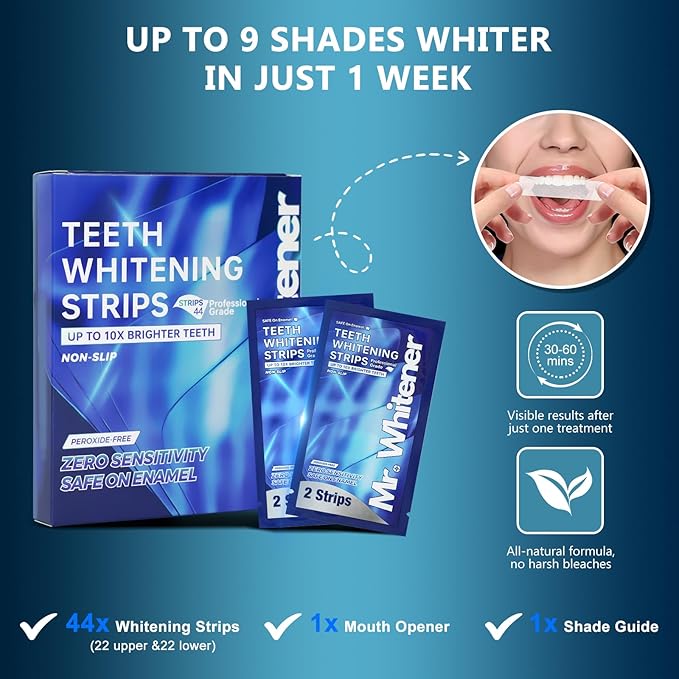 Teeth Whitening Strips, Professional Tooth Whitening Kits: 44 Strips 22 Packs Teeth Whitening Strips, Dentist-Approved, Peroxide-Free, Enamel Safe, Sensitivity Free Formula
