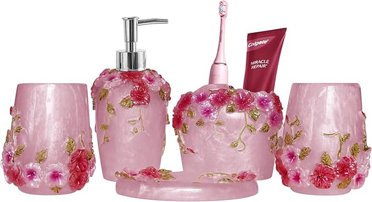 LUANT Vintage Pink Bathroom Accessories, 5Piece Bathroom Accessories Set, Bathroom Set Features, Soap Dispenser, Toothbrush Holder, Tumbler & Soap Dish - Bath Gift Set (Pink)