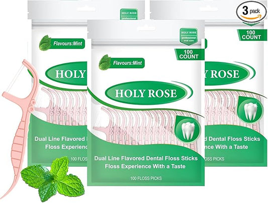 Holy rose Dual-Line Dental Floss Picks - Pink Flossers 300 Count,End with Toothpick - Mint Flavored for Oral Cleaning & Fresh Breath-and Ideal for Daily Teeth Care