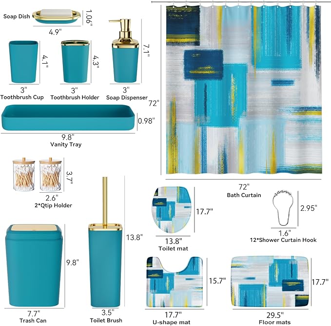 Bathroom Accessories Set - 25PC Bathroom Set with Shower Curtain and Rugs, Teal Blue Bathroom Set, Bathroom Accessory Set with Press-on Lid Trash Can, Soap Dispenser and Qtip Holders
