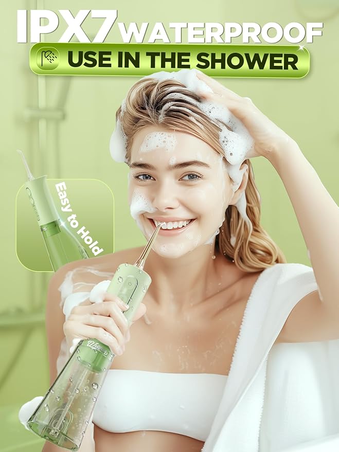 WELLFINE Water Dental Flosser Teeth Pick - 4 Modes Cordless Oral Irrigator 300ML Portable Rechargeable IPX7 Waterproof Powerful Battery Life Water Dental Piks for Cleaning for Home Travel (Green)