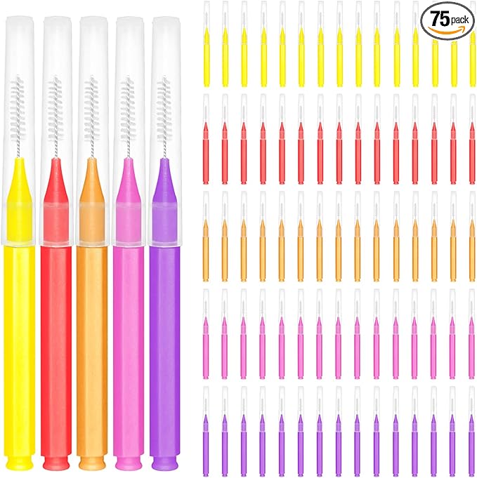 EasyHonor Braces Brush for Cleaner Interdental Brush Toothpick Dental Tooth Flossing Head Oral Dental Hygiene Flosser Toothpick Cleaners Tooth Cleaning Tool (5 Warm Colors,75pcs)