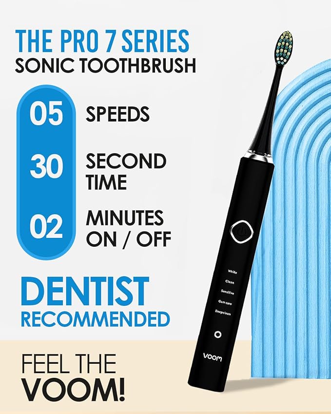 Voom Sonic Pro 7 Series Rechargeable Electronic Toothbrush, Advanced Oral Care Technology, 2-Minute Timer w/Quadrant Pacing, 5 Adjustable Speeds, Magnetic Levitation, 100% Waterproof, Black (VM-20946)