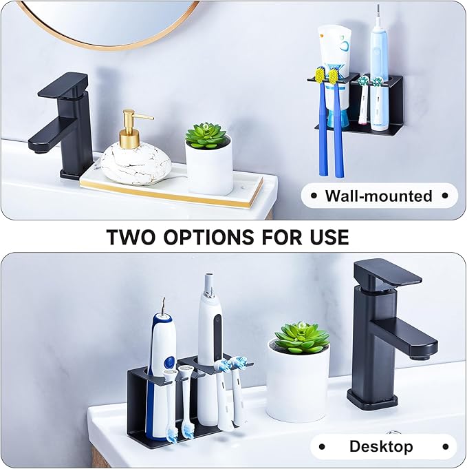 Electric Toothbrush Head Holders Desktop or Wall Mounted Electric Tooth Brush Holders, Bathroom Shower Tooth Brush Head Holder, Adhesive Toothpaste Holder, Toothbrush Head Stand, Black