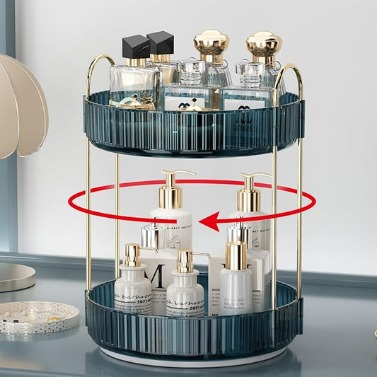 360 Rotating Makeup Organizer for Vanity, Bathroom Countertop Organizer Spinning Perfume Organizer, High-Capacity Cosmetic and Skincare Dresser Make Up Holder Rack (2 Tiers, Blue)
