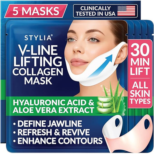 Stylia V Line Lifting Collagen Mask - Lift, Firm & Contour Jawline - Tightening Double Chin Strap with Hyaluronic Acid & Aloe - Neck Lift & Face Tightening Mask - Jawline Shaper Face Lift Tape (5PC)