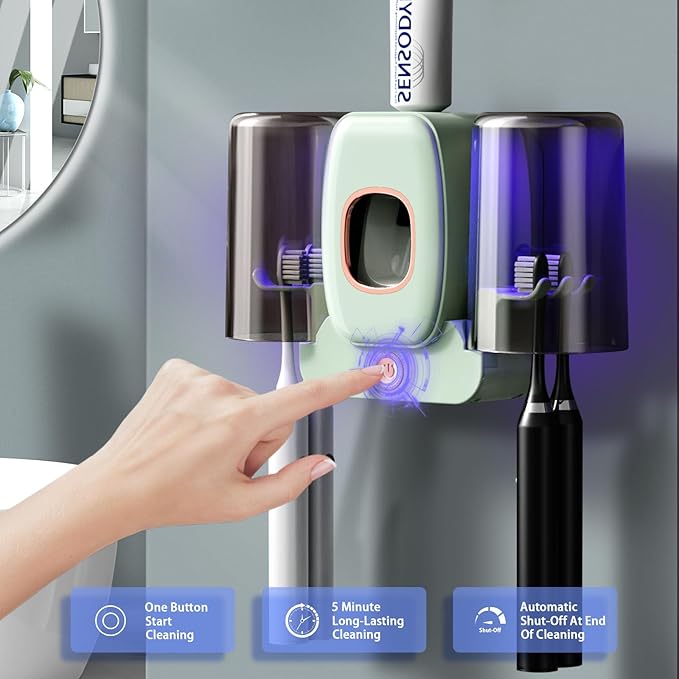 Toothbrush Holders for Bathrooms, Wekity Automatic Toothpaste Dispenser Space Saving Toothbrush and Toothpaste Holder，Toothbrush Holder Wall Mounted with 2 Cups for Bathroom (Green)…