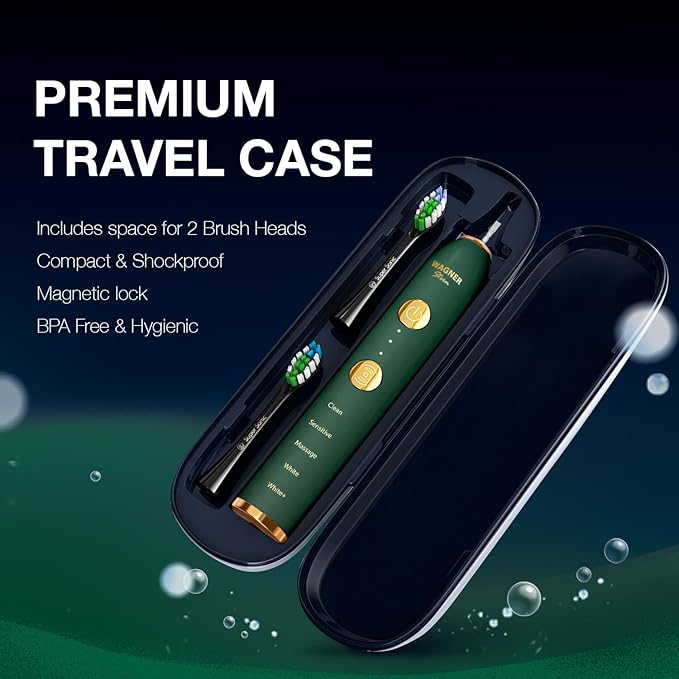 Wagner Stern WT8900 Series Electric Toothbrush – Whitening & Pressure Sensor, 5 Modes, 3 Intensities, 8 Soft Brush Heads, Rechargeable, Travel Case Included