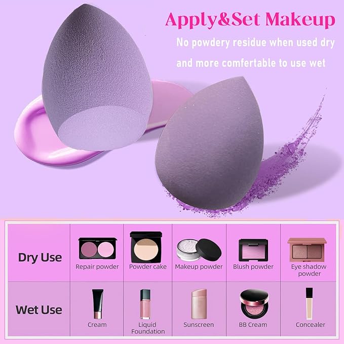Makeup Sponge Set, 14 Pcs for Liquid Cream, and Powder Latex Free Makeup Blender Sponges Multi-colored for Makeup Application with Storage Box Purple Gifts