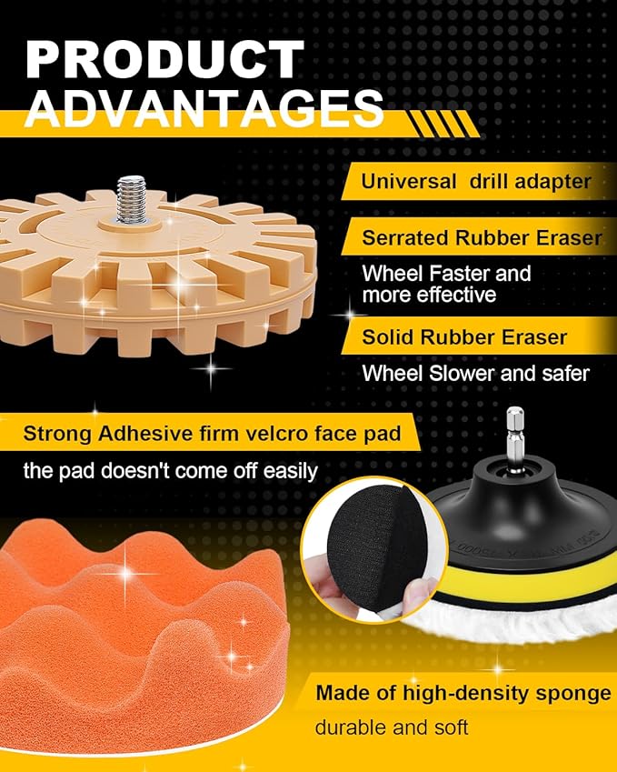 Eraser Wheel, Decal Removal Tool, Adhesive Remover Wheel for Automotive Car Sticker, Vinyl, Rv, with Plastic Razor Blades Scraper Tool, Serrated & Solid Eraser Wheel and Polishing Pads -17 Pcs