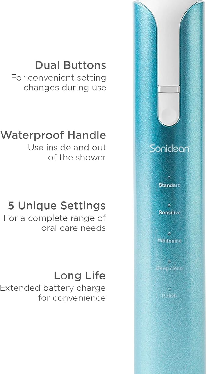 Soniclean Lux Sonic Toothbrush for Adults - 6 Toothbrush Heads, Rechargeable, Automatic, Refills, Aqua