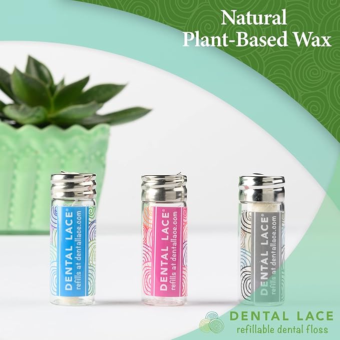 Dental Lace Refillable Silk Dental Floss – 100% Silk Floss with Mint Flavor, PFAS & PTFE Free – Includes 1 Refillable Pink Glass Floss Container and 2 Spools (Total 66 Yards) – Recyclable Packaging