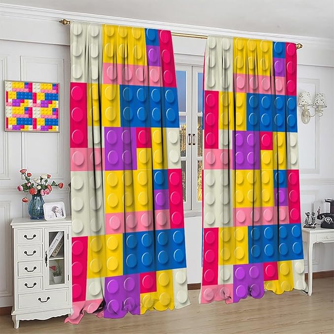 Kids Building Blocks Toy Curtains Children's Room Abstract Outline Colorful Plastic Toys Geometric Bricks Print Curtains for Boys Girls Nursery Curtains 42x45 Inches 2 Panels