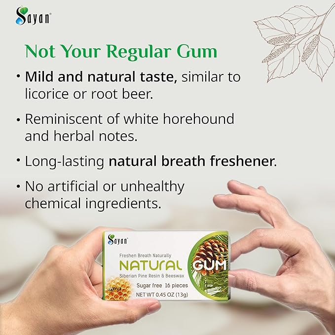 Sayan Sugar Free All Natural Gum, Siberian Pine Tree Resin and Beeswax Chewing Gum for Fresh Breath, Vegetarian, Non-GMO, No Sugar, Gluten Free, Aspartame Free, No Preservatives - 5 Packs (80 Pieces)