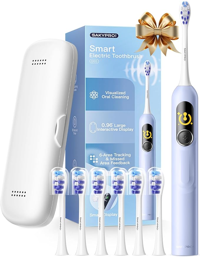 SAKYPRORAL Electric Toothbrush with AI Smart Screen for Adults Kids Teens | 6 Brush Heads | 150-Day Battery, Real-Time Brushing Map | 5 Whitening Modes, Travel Case | Sonic Toothbrush (Blue)