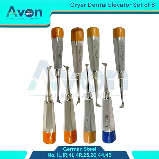 Root and Tooth Extraction Dental Cryer Elevator Pick, Sharp Angled Tip, Color-Coded Handle Ends | Autoclave-Safe German Stainless Steel Dental Instruments (8, #1L+#1R+#4L+#4R+#25+#26+#44+#45 - Set)