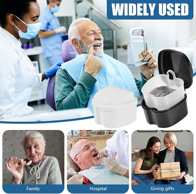 2 Pack Denture Bath Case Cup Box Holder Storage Container with Denture Cleaner Brush Strainer Basket for Travel Cleaning (White and Black)