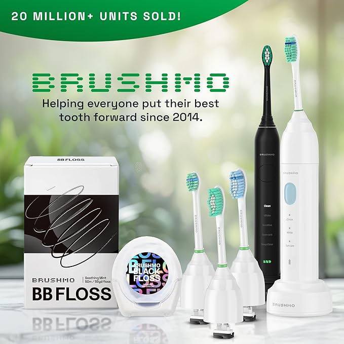 Brushmo e-Series Total Clean Replacement Toothbrush Heads, Compatible with Philips Sonicare Screw-on Electric Toothbrush Handles, 6 Compact Heads, Medium Firm Dupont Bristles, BM716, White