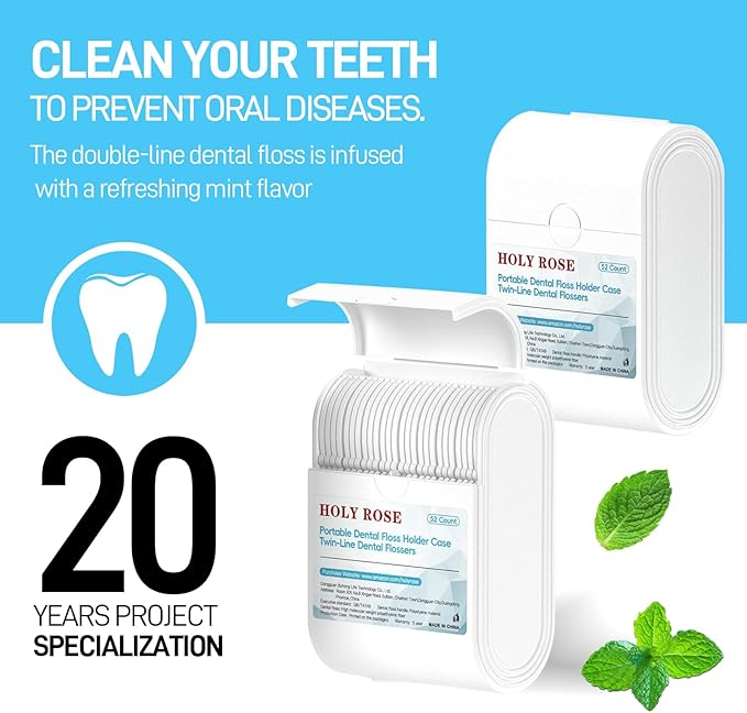 Holy Rose Dental Floss Holder Case 2 Boxs with Twin Line Flosser 104 Count- Mint Flavored Floss Picks, Portable Travel Case White - is Oral Care Tool for Clean and Fresh Teeth