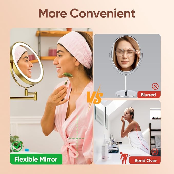 8" Wall Mounted Lighted Makeup Mirror, Rechargeable 1&7X Magnifying Mirror with Light, | 3 Color LED Lighting & Touch Control | 360° Rotation & Extended Arm Wall Mounted Makeup Mirror M1406DGJ(8",7X)