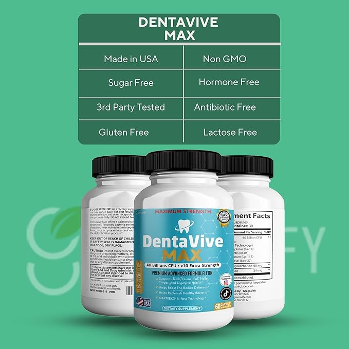 DentaVive Max Probiotic Supplement, 40 Billion CFU, 60 Capsules, Premium Oral Health Support for Teeth, Gums, Digestive Health (5)