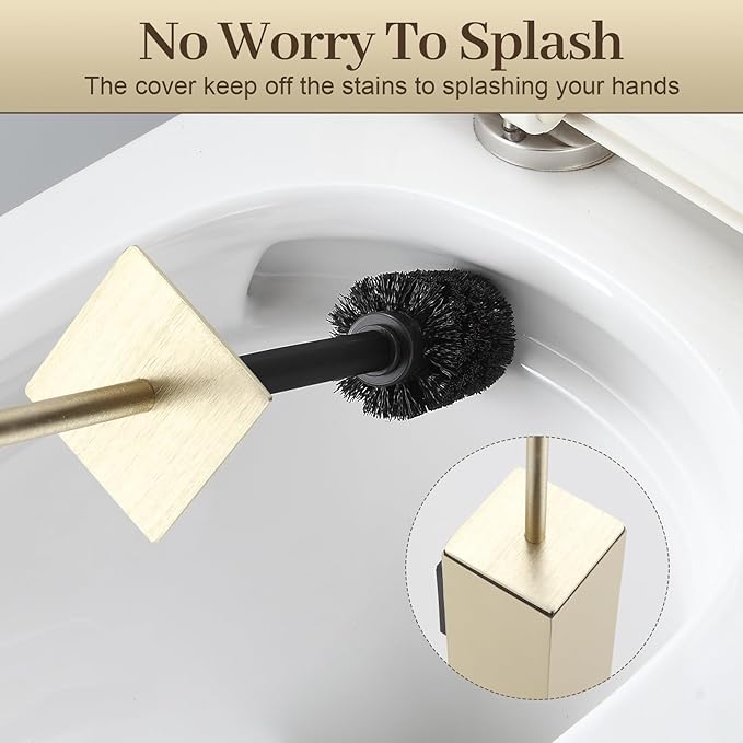 Toilet Brush and Holder Wall Mounted, Brushed Gold Aluminum with 2 Replaceable Heads, Bathroom Toilet Brush, Drill or 3M Adhesive Mount, Removable Liner and Splash Guard, Modern Square Design