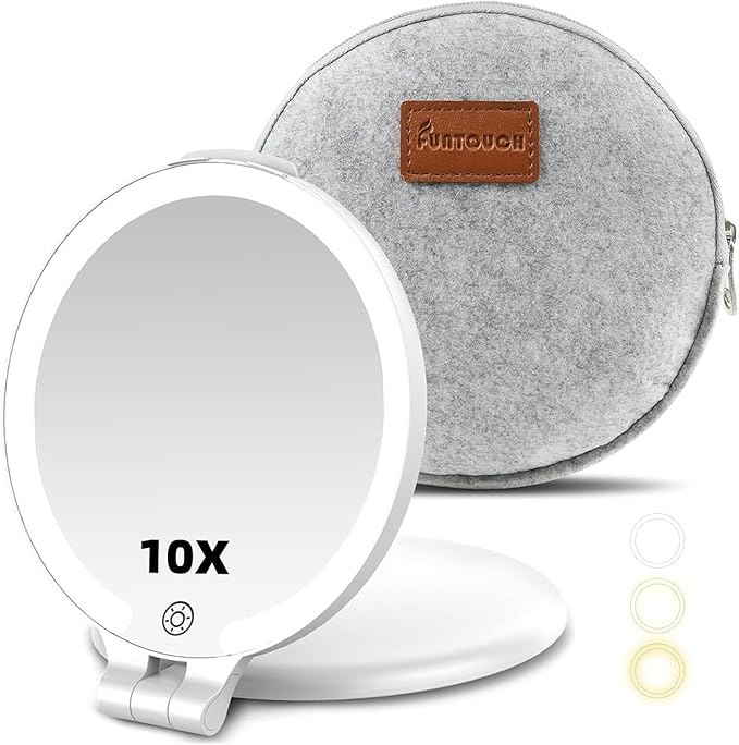 FUNTOUCH Travel Mirror with Light, 1X/10X Double Sided Magnification Makeup Vanity Mirror with 3 Color Setting, Chargeable Foldable Portable Travel Essential Vanity Mirror with Bag