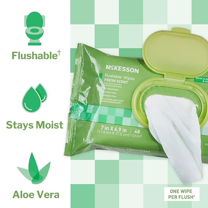 McKesson Flushable* Adult Wet Wipes – 48 Wipes (1 Pack of 48) – Aloe & Vitamin E, Plant-Based Cleansing Wipes, Scented