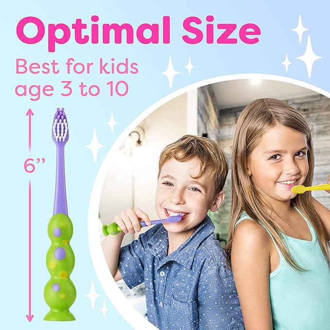 Trueocity Kids Toothbrush 6 Pack - Soft Contoured Bristles - Child Sized Brush Heads (3-10 Year Old) - Suction Cup for Fun & Easy Storage - Girl & Boy Set (6-Pack, Multi-Color)