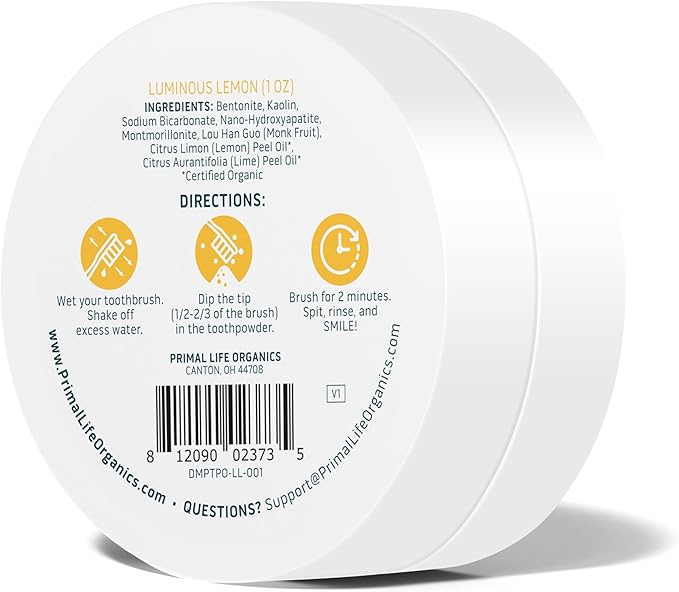 Primal Life Organics - Dirty Mouth Luminous Lemon Toothpowder, Tooth Cleaning Powder, Flavored Essential Oils with Natural Kaolin & Bentonite Clay, Good for 200+ Brushings, Paleo, Organic, Vegan
