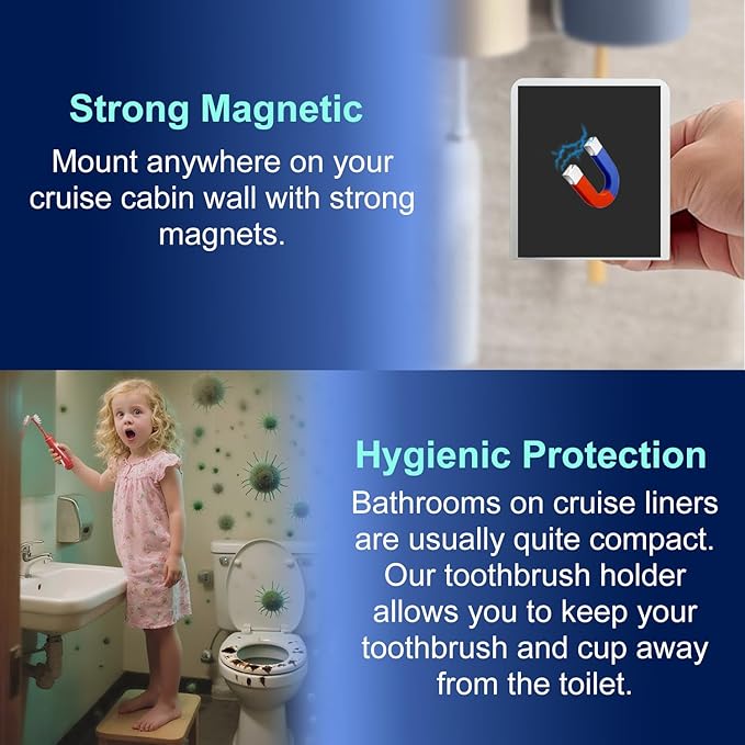 Cruise Toothbrush Holder Magnetic for Cruise Ship Bathroom – Holds 2 Toothbrushes, Toothpaste & Toothbrush Cups – Compact Cruise Essentials 2025 2026 for Small Cabins – Lightweight Travel Accessories