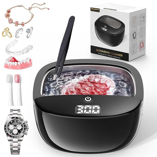 Ultrasonic Retainer Cleaner, 45kHz Dental Cleaning Pod for Dentures, Aligners, Night Guards & Jewelry, 150ML Denture Cleaner 2 Timed Modes & Travel Design (Black, 130ML Ultrasonic Machine)