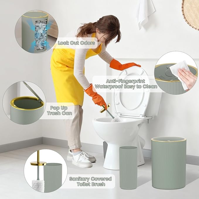 Sage Green and Gold Bathroom Accessories Set - Bathroom Sets, 25PC Bath Accessory Set, Bathroom Sets with Push Top Trash Can, Shower Curtain and Rugs, Toilet Brush, Trash Can & Soap Dispenser