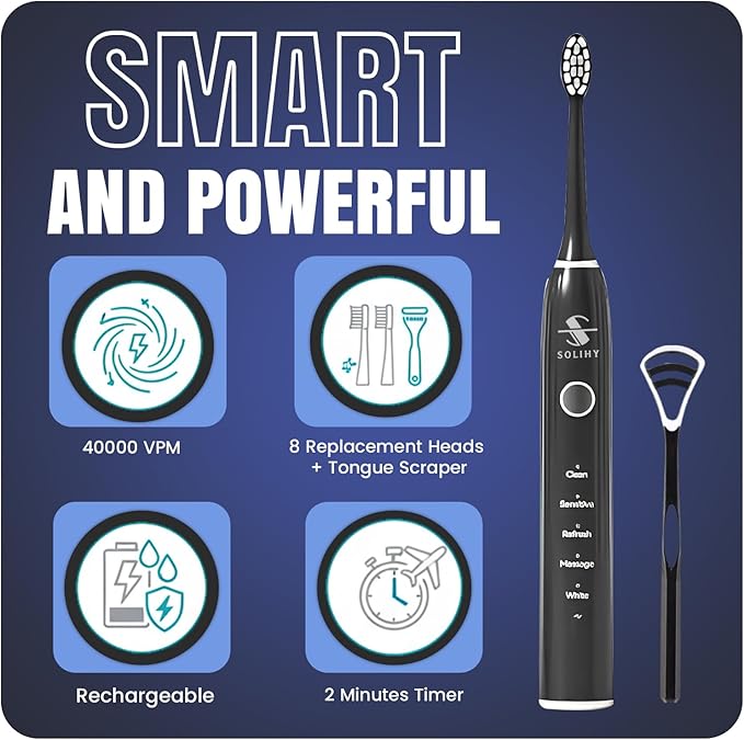 Electric Toothbrush with 8 Soft Bristle Heads for Adults, Pressure Sensor, 5 Modes with 2 Minutes Build in Smart Timer, Rechargeable Travel Toothbrush with Brush Hold and Tongue Scrapper