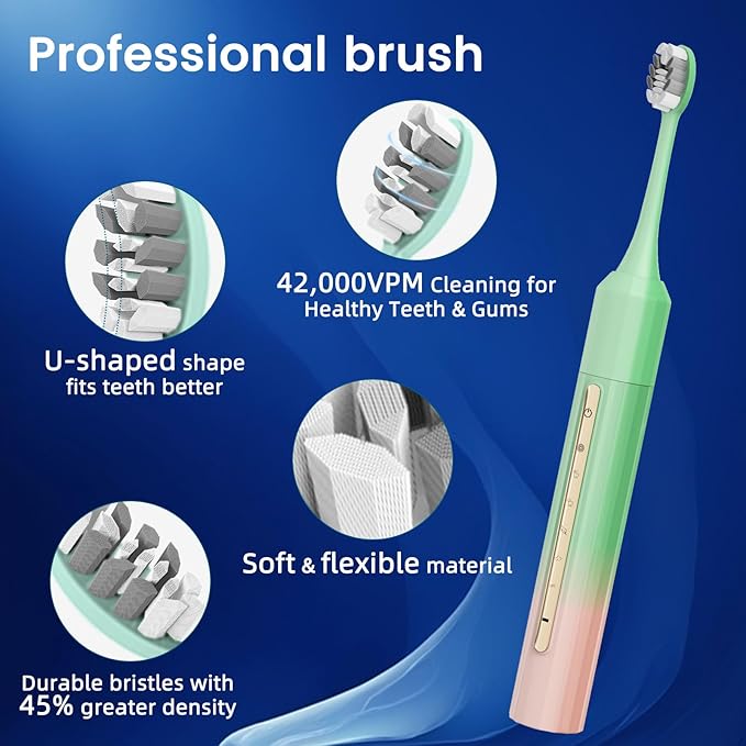 Lumivoid Sonic Electric Toothbrush 42000 Vibrations with 10 Brush Heads Suitable for Adults 30 Days of Use on a Single Charge,5 Modes Built-in 2-Minute Smart Timer, IPX8 Rated Waterproof (Green Pink)