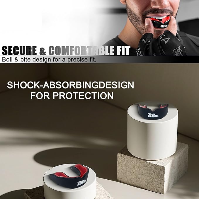 Dual-Layer Sports Mouth Guard for Adults & Youth with Case - Dental Protection for Boxing, Football, MMA, Hockey, Basketball, Lacrosse & All Contact Sports (Black red)