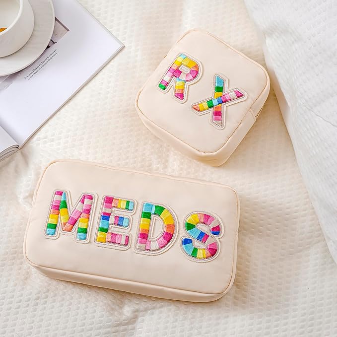 uekeboag 2Pcs Personalized Nylon Rx MEDS Cosmetic Bag, Cute Chenille Letter Patch Medicine Drug Pouch with Zipper,Preppy Makeup Travel Vitamin Bag for Women and Girls (RX+MEDS)