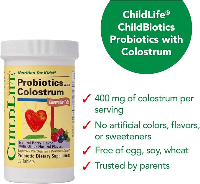 CHILDLIFE ESSENTIALS ChildBiotics with Colostrum- Probiotics for Kids, Probiotics for Digestive Health, Chewables, Children's Probiotic, Colostrum for Kids, Gluten Free - Natural Berry, 92 Tablets