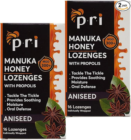 P.R.I Manuka Honey Lozenges with Propolis, Soothing Cough and Throat Drops, MGO 300+ Certified, (Original Aniseed, 16 Count/2 Pack)