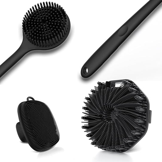 3 PCS Silicone Bath Brush Set,Back Scrubber & Body Brush & Face Brush Set, Super-Exfoliating & Lathering Body Scrubber, Shower Brush, Face Scrubber Combination for HomeBathroom Hotel Travel.(Black)