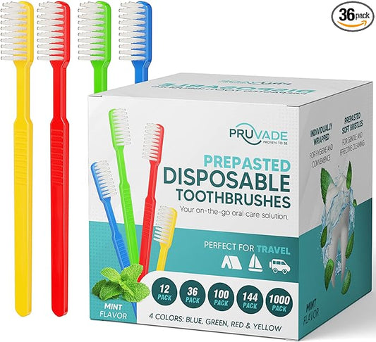 36 Pack Disposable Toothbrushes with Toothpaste, Built In - Prepasted Toothbrushes Individually Wrapped | Single Use Waterless Tooth Brush with Soft Bristles for Airbnb, Hotel, Camping, Travel