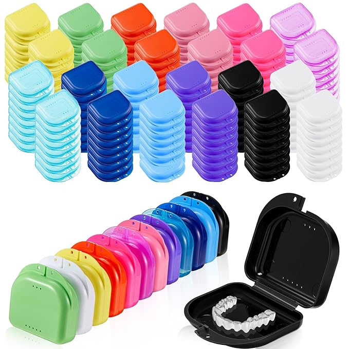 Maxdot 300 Pack Retainer Cases Bulk with Vent Holes Orthodontic Mouth Guard Case 12 Colors Denture Container Multicolor Dental Storage Box for Travel Dentist Office