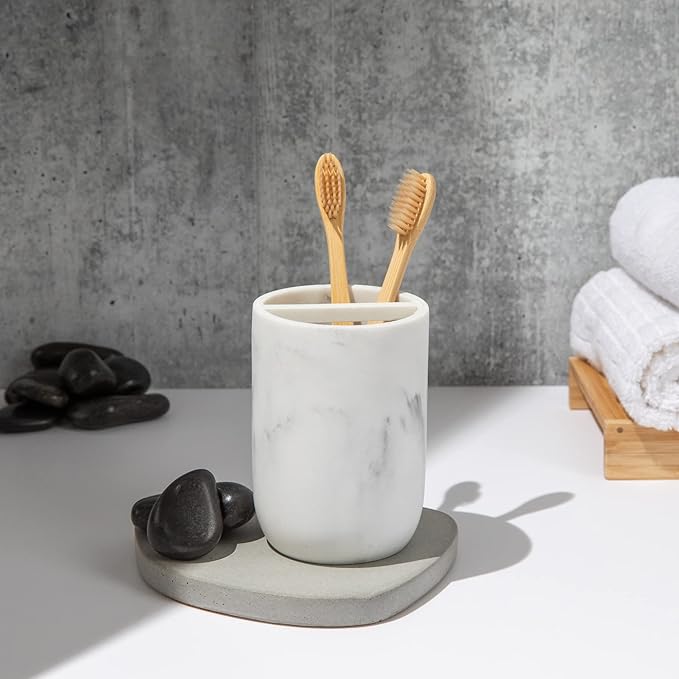 Essentra Home White Marble Toothbrush Holder | Small Toothbrush & Toothpaste Organizer | Blanc Collection